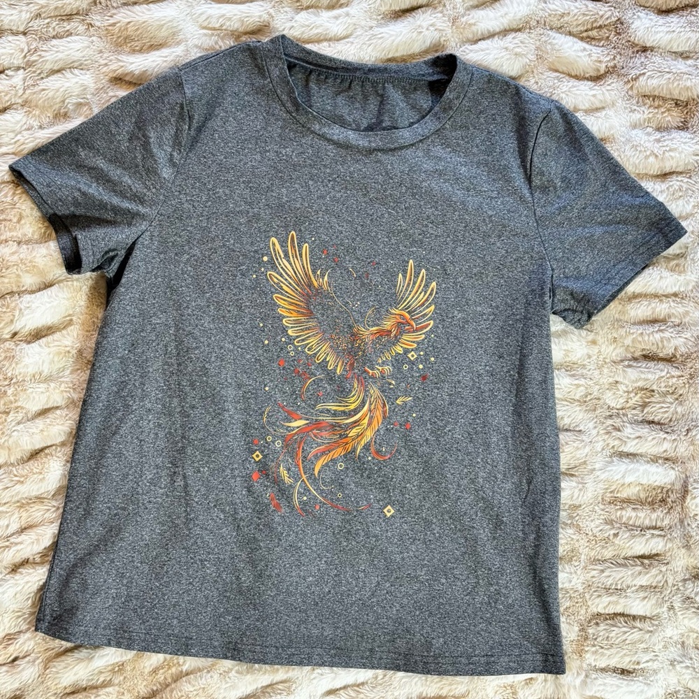 Women's Heather Gray Short Sleeve Tee with Yellow & Orange Phoenix Graphic